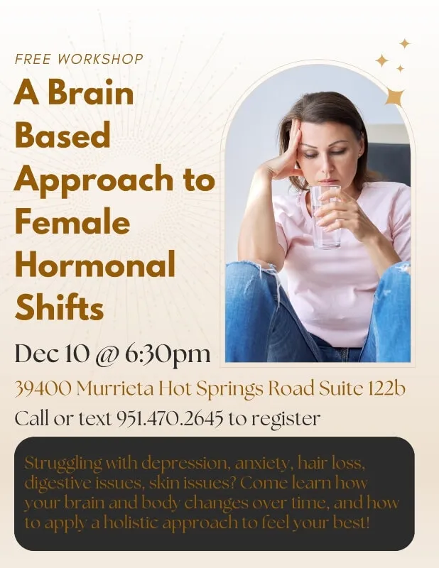 Promotional graphic for a Trailhead Family Chiropractic workshop on a brain-based approach to female hormonal shifts in Murrieta, CA