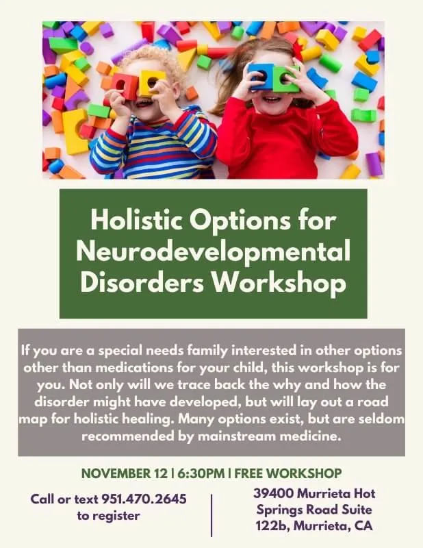 Promotional graphic for a Trailhead Family Chiropractic workshop on holistic options for neurodevelopmental disorders in Murrieta, CA