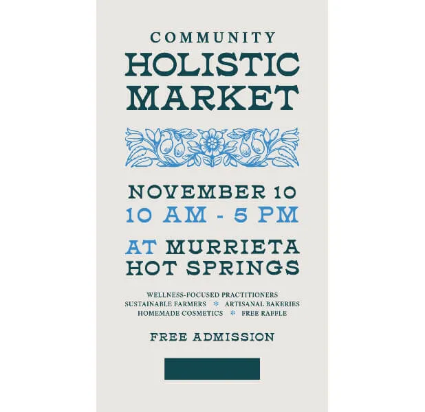 Promotional graphic for the Community Holistic Market at Murrieta Hot Springs associated with Trailhead Family Chiropractic